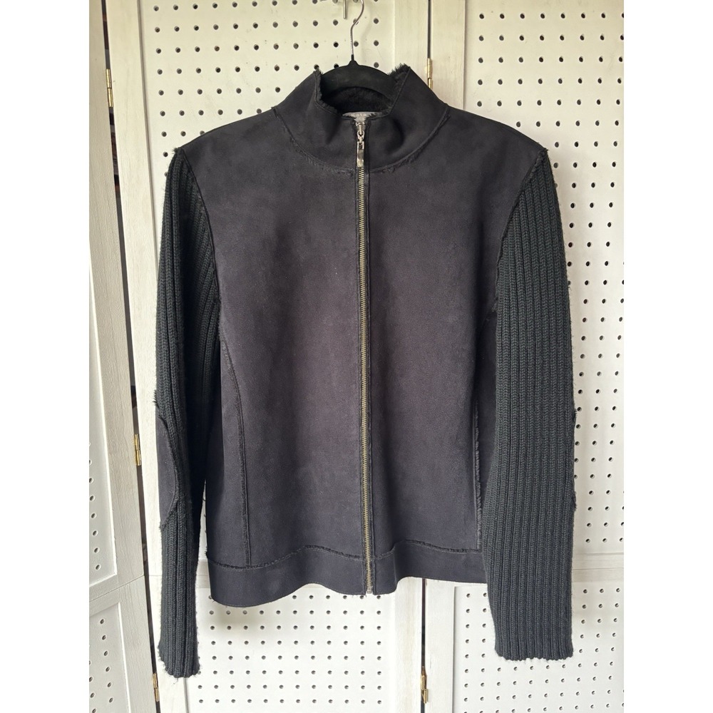 Kate Hill Casual Faux Suede Wool Blend Sweater SLV Jacket‎ Zip Women's L Black